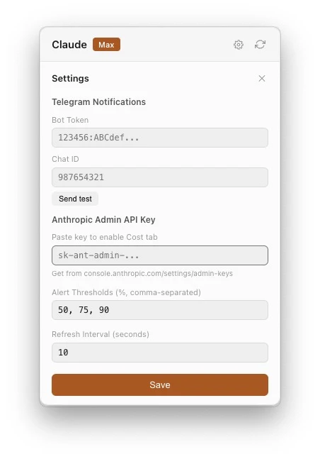 The Claude usage tool settings panel: Telegram bot token and chat ID with a send-test button, an Anthropic admin API key field, alert thresholds of 50, 75 and 90 per cent, a refresh interval, and a Save button.