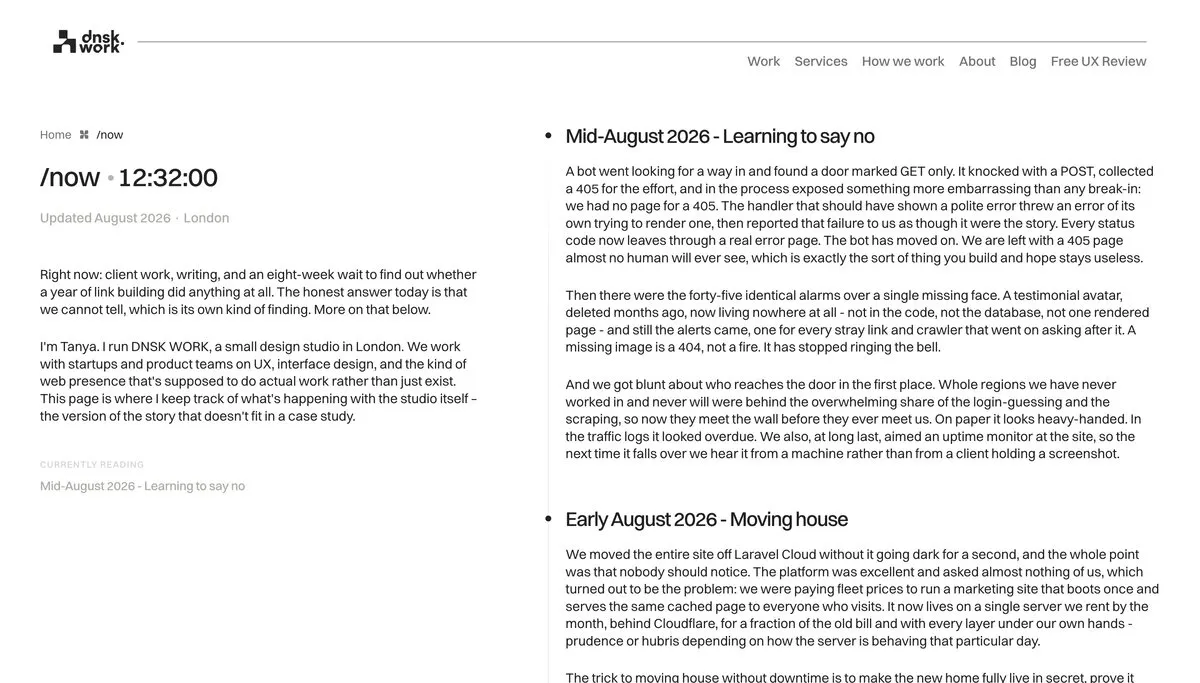 The DNSK.WORK /now page, a dated engineering log with entries headed Learning to say no and Moving house.