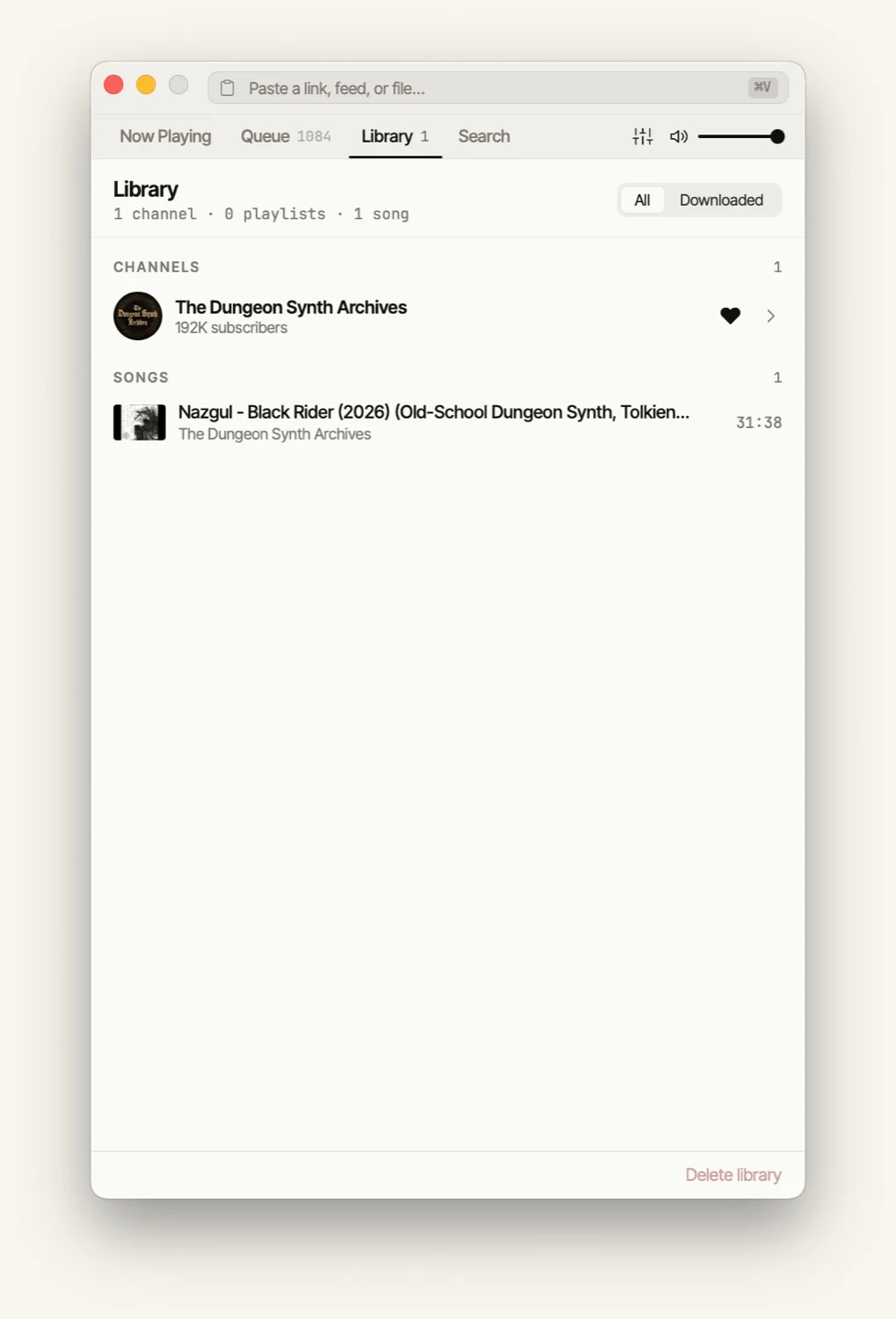 The hiljaa library tab, listing saved channels and songs with an All and Downloaded filter.
