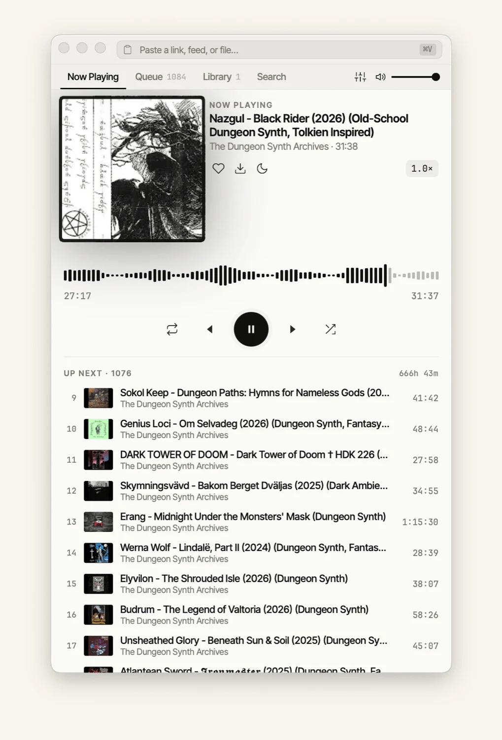 The hiljaa app window playing a track, with cover art, a waveform scrubber, transport controls and an up-next list.