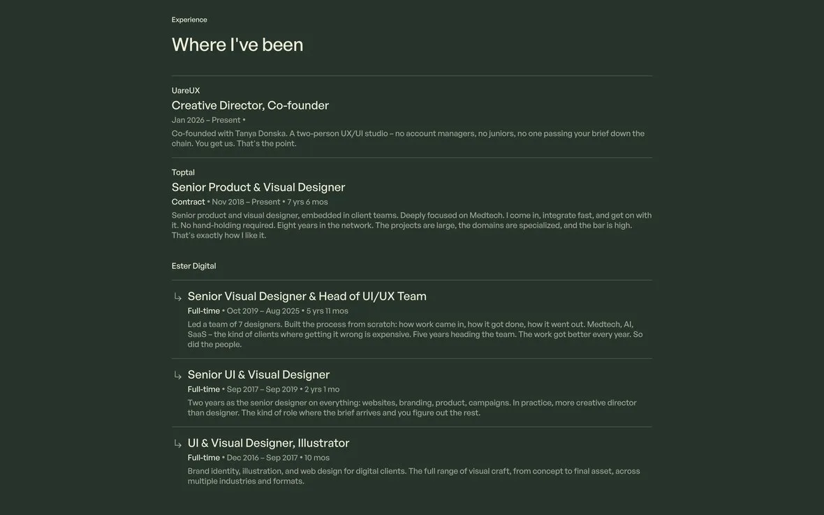 The experience section, listing roles at UareUX, Toptal and Ester Digital with dates and descriptions.