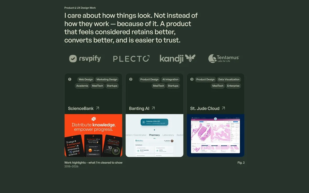 The work section: four client logos above three dark cards showing ScienceBank, Banting AI and St. Jude Cloud.