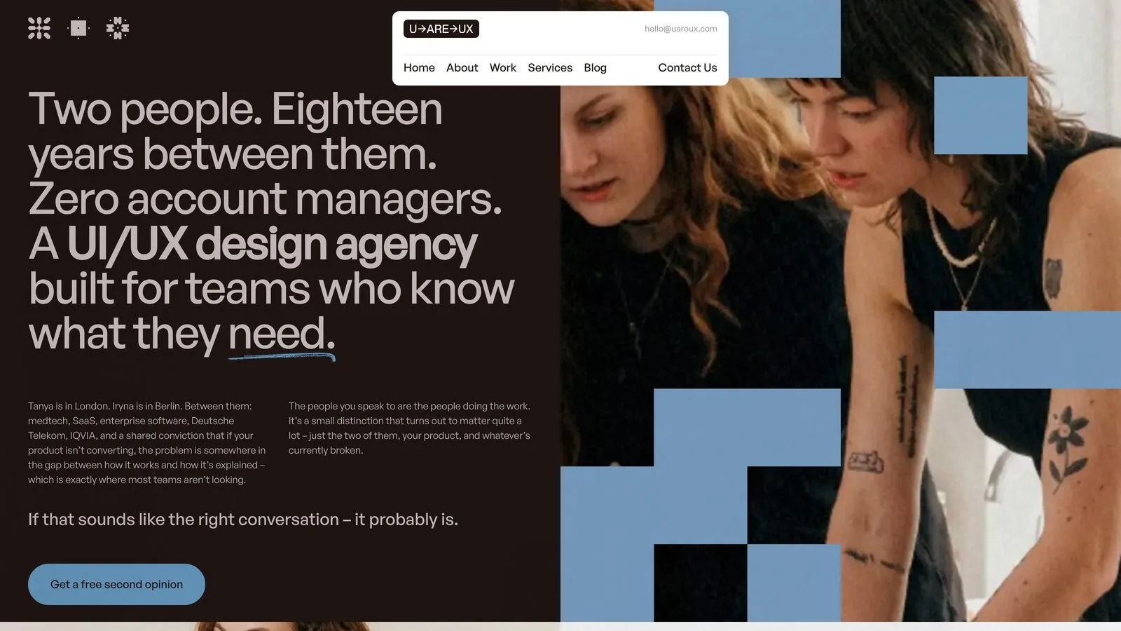The UareUx home page: cream type on near-black reading Two people. Eighteen years between them. Zero account managers, beside a photograph of two designers working, overlaid with blue blocks.